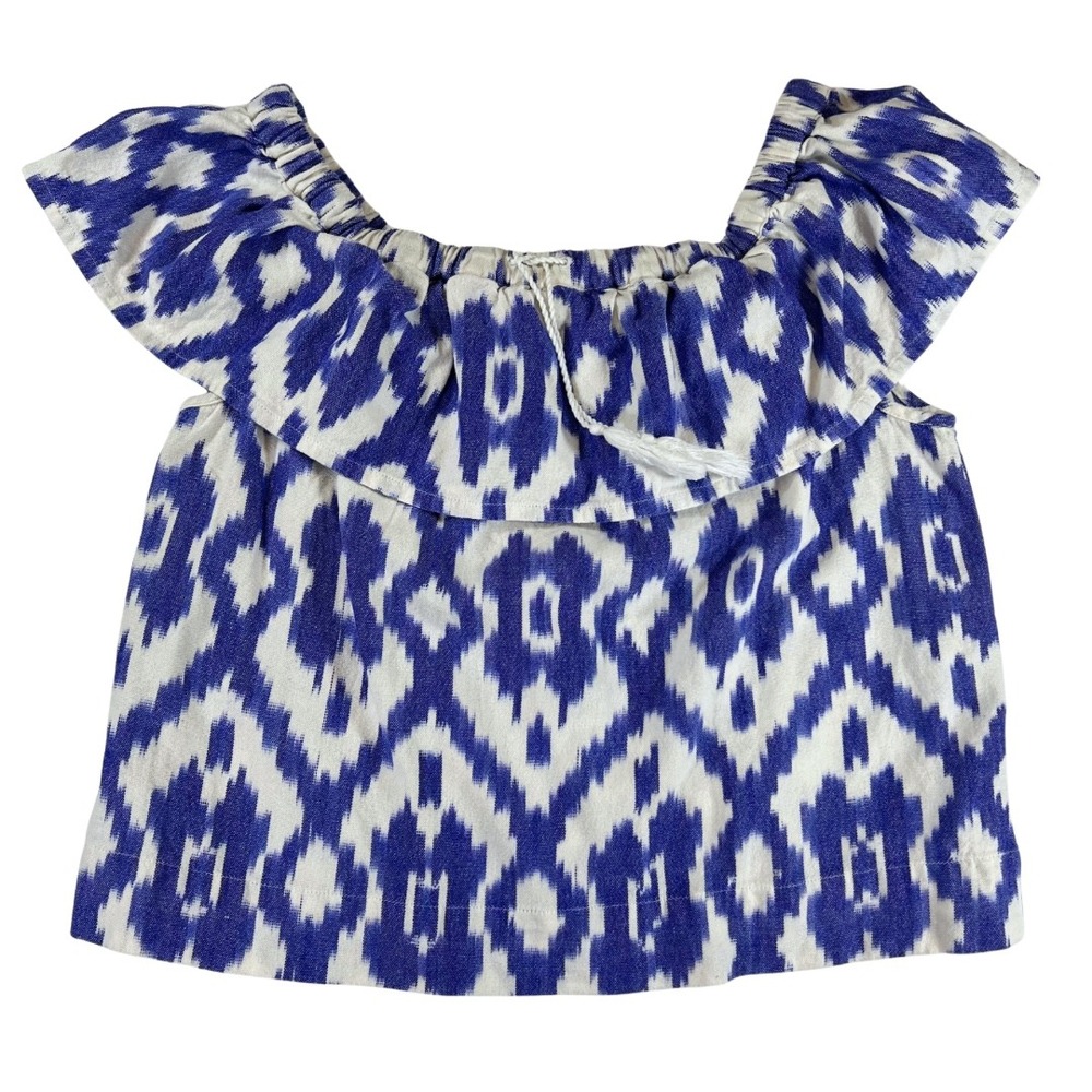 Madewell Womens Small Blue Ikat Off Shoulder Ruffle Cotton Peasant Top